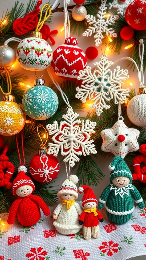 A variety of knitted Christmas ornaments in different shapes and colors, displayed with festive decorations.